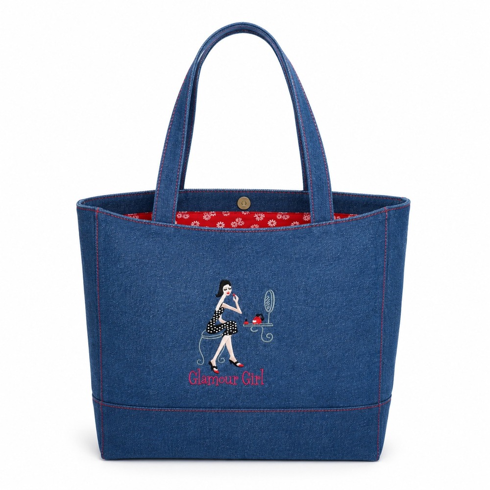 The Girls Sunny Hawaii Womens Denim Tote Bag Glamour Girl Embroidered Blue Large